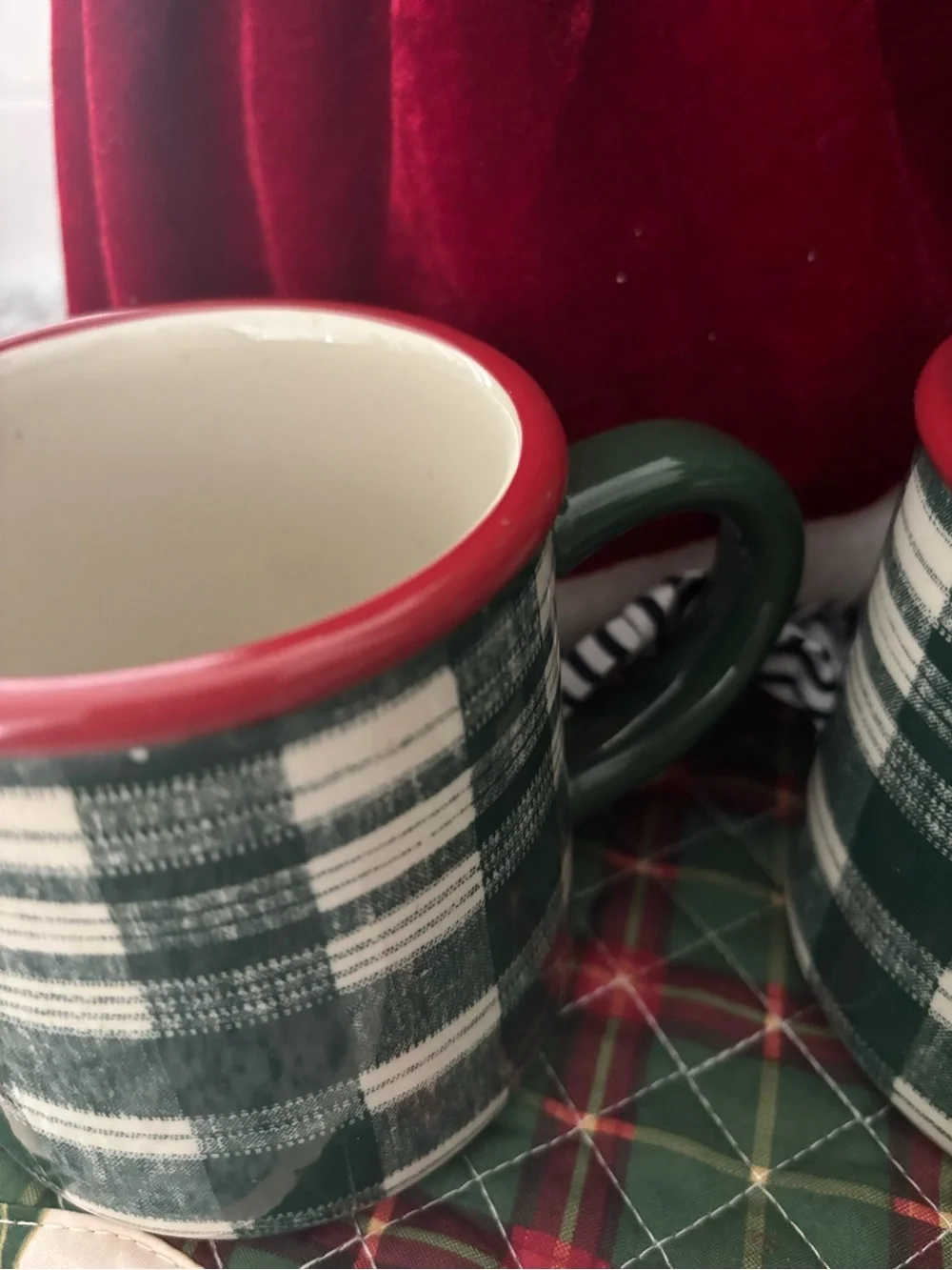 Green Plaid Coffee Mug Red Rim - NEW Final Sale